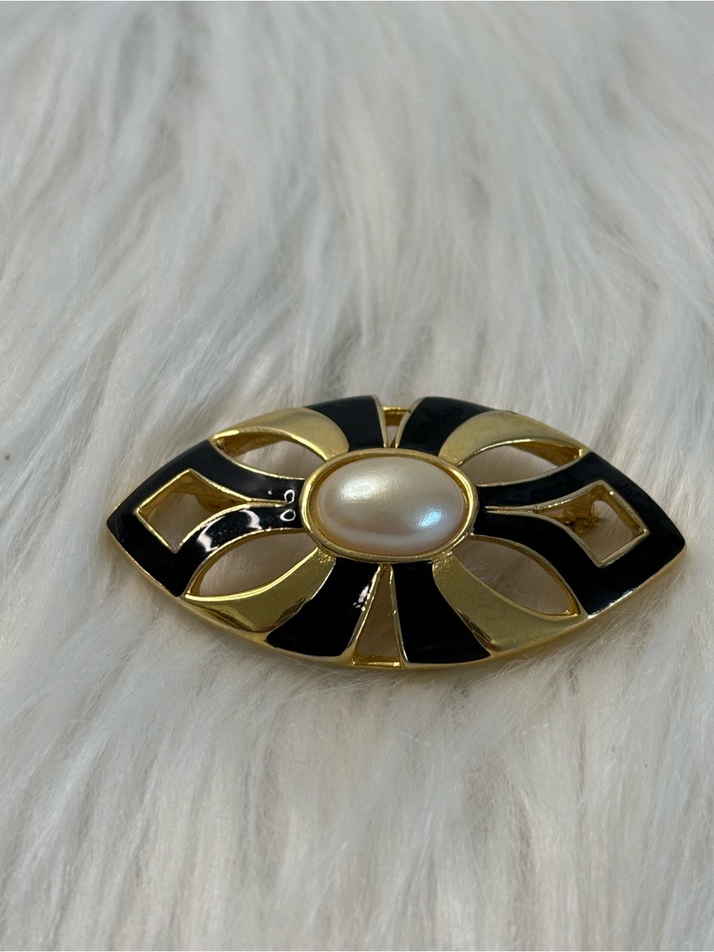 Vintage Gold Tone Brooch with Black Enamel Petals and Pearl Center